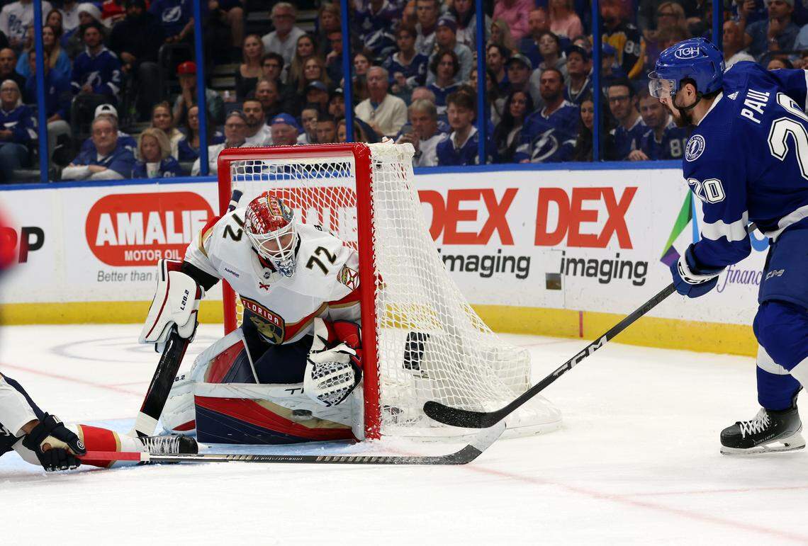 Dec 27, 2023; Tampa, Florida, USA; Tampa Bay Lightning left wing Nicholas Paul (20) shoots as Florida Panthers goaltender Sergei Bobrovsky (72) defends during the first period at Amalie Arena. Mandatory Credit: Kim Klement Neitzel-USA TODAY Sports