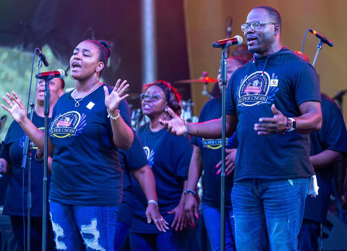 The Florida Fellowship Super Choir performs on stage during the 3rd Annual Juneteenth Park-In and Party Celebration under this year’s theme, “Experience in the Gardens” at Hard Rock Stadium on Saturday, June 17, 2023, in Miami Gardens, Florida.