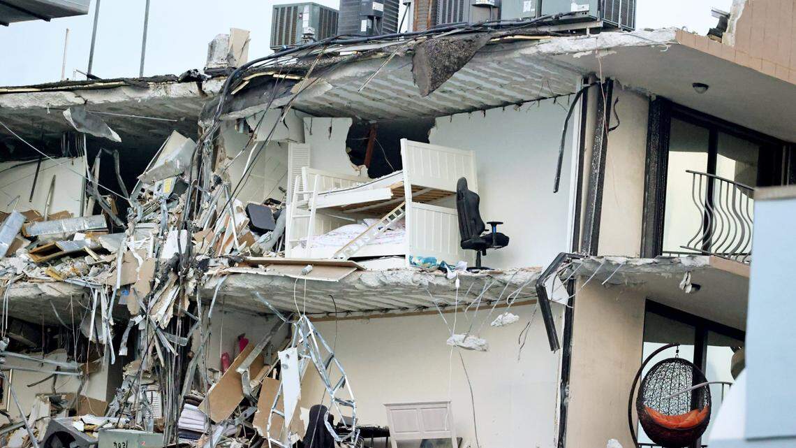 A bunk bed is seen in the rubble at Champlain Towers South Condo in Surfside, located at 8777 Collins Avenue, a part of which collapsed in the early morning in Surfside, Florida, Thursday, June 24, 2021.