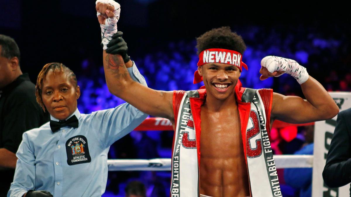 Shakur Stevenson celebrates after defeating Oscar Mendoza during a featherweight boxing match Saturday, Dec. 9, 2017, in New York. Stevenson was supposed to make the first defense of his featherweight title against Miguel Marriaga on Saturday but the fight was canceled.