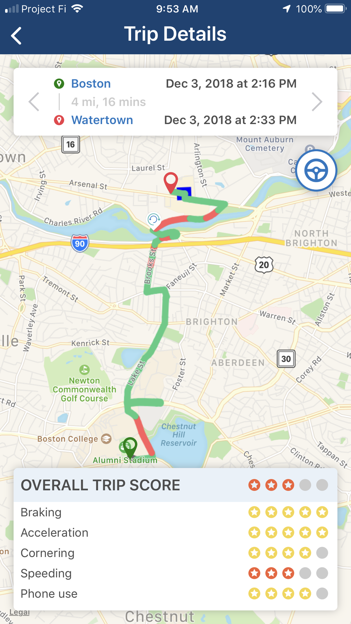 The DriveWell mobile app reviews and rates a driver’s trip, with the ultimate goal of improving driving behavior and reducing distracted driving and other bad habits.