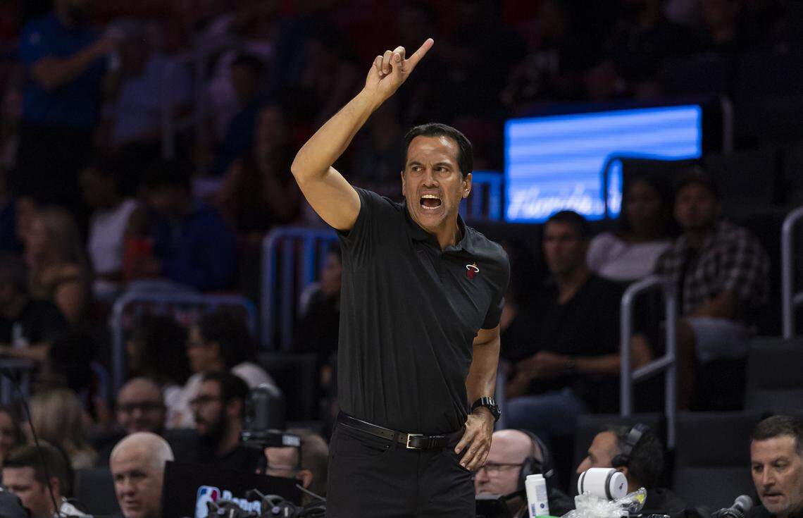 Miami Heat Head Coach Erik Spoelstra reacts as his team plays against the Memphis Grizzlies in the first half of their NBA preseason game at Kaseya Center on Oct. 17, 2025, in Miami.