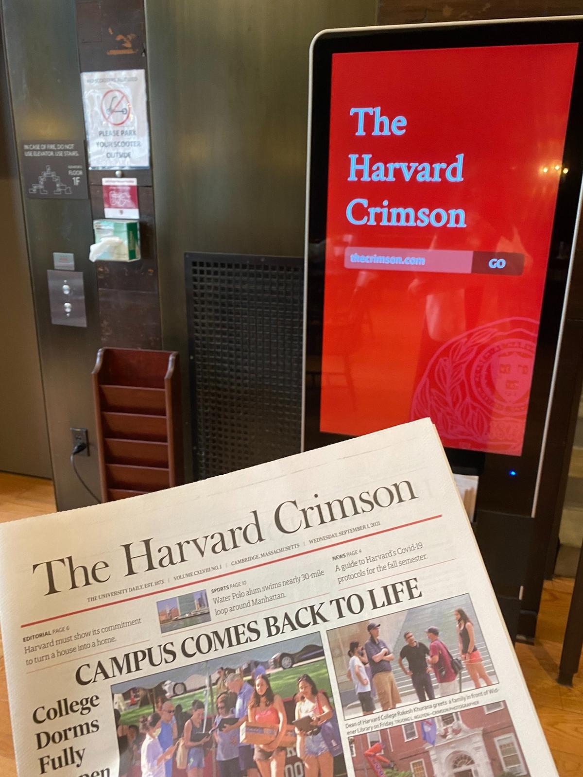 An issue of The Harvard Crimson, the independent student newspaper that covers Harvard University.