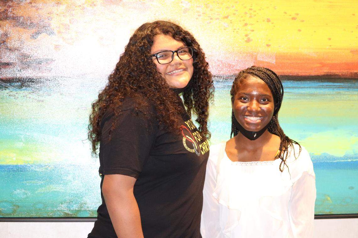 Camila Halaby-Bravo, 13, left, is part of Youth for Christ Miami’s Catalyst, an after school program at Miami Springs Middle School, that gives teens a place to enjoy hip-hop and break-dancing. Amanda Paulas, 16, right, is part of YFC Miami’s Campus Life program. Both of the teens shared their experience with the programs at the nonprofit’s “Be The Story” banquet at the Hilton Miami Airport Blue Lagoon on Saturday, April 2, 2022.