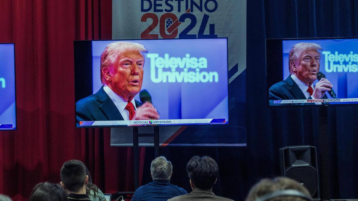 Republican nominee former President Donald Trump answers questions from attendees during a Noticias Univision’s Town Hall, “Los Latinos Preguntan” at Univision studios in Doral, on Wednesday, October 16, 2024.