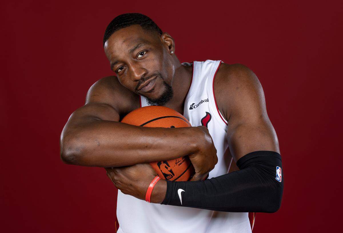 Miami Heat center Bam Adebayo (13) is photographed during team Media Day at the Kaseya Center on Monday, Oct. 2, 2023, in Miami, Fla.