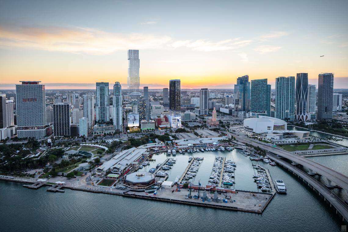 Aerial view of Biscayne Bay includes renderings of the planned 400 Biscayne Blvd. (center) and the adjacent Waldorf Astoria hotel.