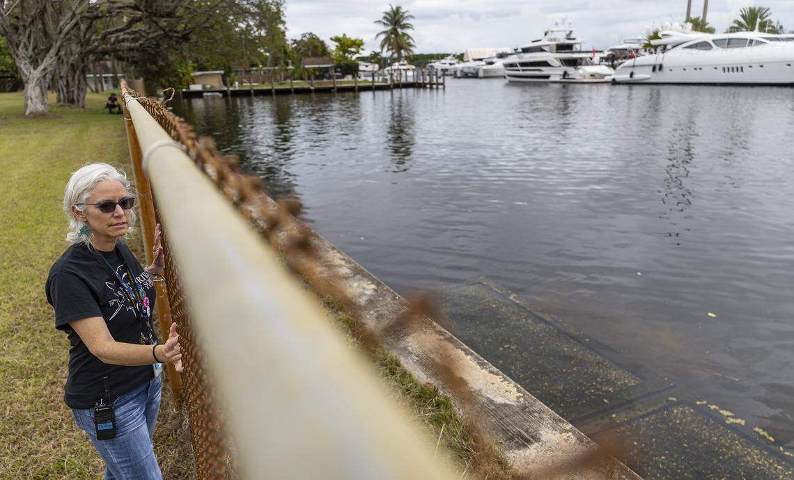 Elizabeth Fahy, the magnet coordinator and a marine science teacher, overlooks the space for a potential new living shoreline at New River Middle School on Thursday, Jan. 22, 2026, in Fort Lauderdale, Fla.