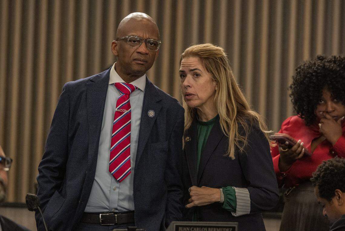 Commissioners Oliver G. Gilbert, III and Raquel Regalado talked during the final budget meeting to vote on the Miami-Dade County Mayor Daniella Levine Cava's $12.9 billion spending proposal, at the County Commission Chambers, on Thursday September 18, 2025.