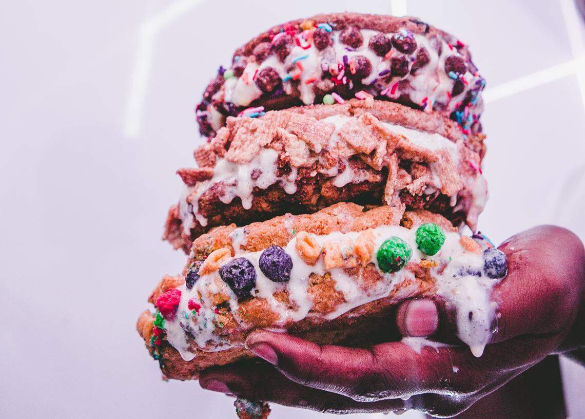 The new Ice Cream Heaven pairs Cindy Lou’s Cookies with ice cream made locally by a veteran of Jaxson’s Ice Cream in decadent sandwiches. They are then rolled in popular cereals and drizzled in homemade sauces.