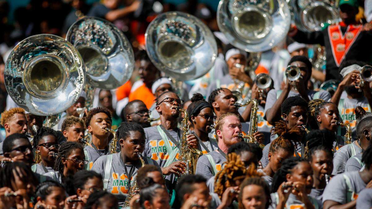 Members of the Florida A&M Rattlers marching band perform from the stands during the second quarter of the Orange Blossom Classic against the Jackson State Tigers at Hard Rock Stadium in Miami Gardens, Florida, Sunday, September 4, 2022.
