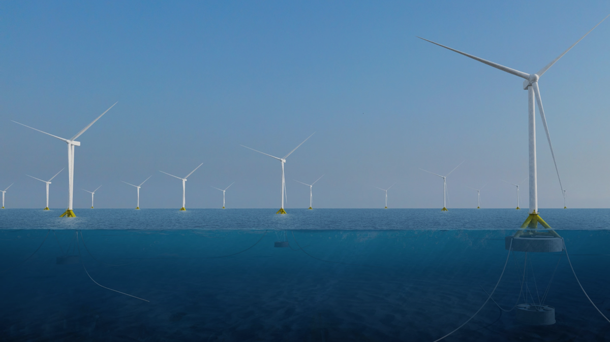 Esteyco’s Wheel platform can float in deep water and stabilize big wind turbines, even in rough seas. Once it reaches its final position, the platform drops a concrete counterweight 160 feet (50 meters) below the surface to keep the floating platform steady.