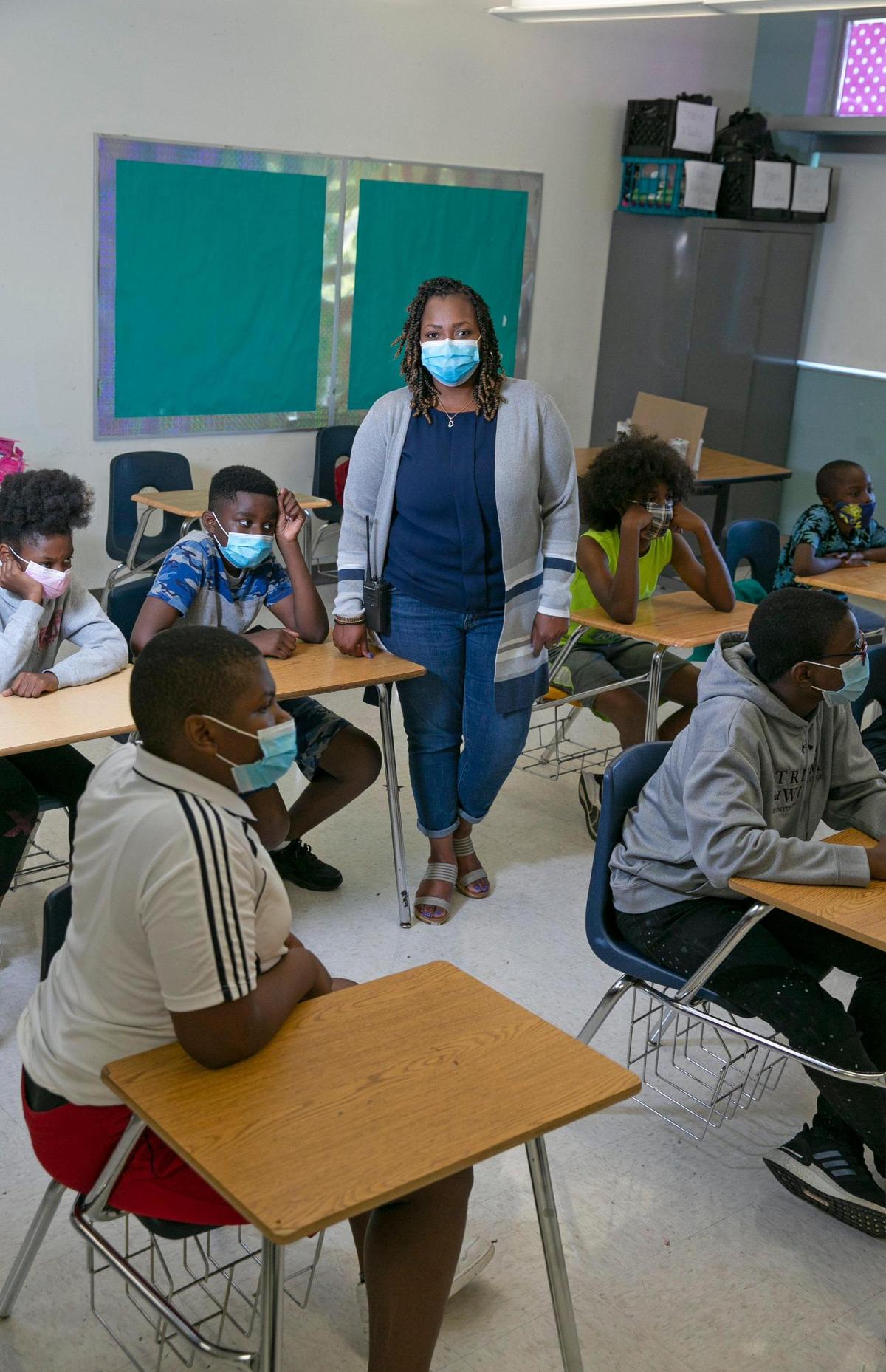 North Miami Middle School Principal Miriam Stewart visits the FIU All Stars summer school classroom on July 29, 2021. Stewart says she has over 800 students registered to return for the school year and that they are ready with hand sanitizer stations and other safety protocols. Stewart says that kids are consistent following the guidelines as long as the school is consistent, and she has had no issues with students not following the rules when it comes to masks.