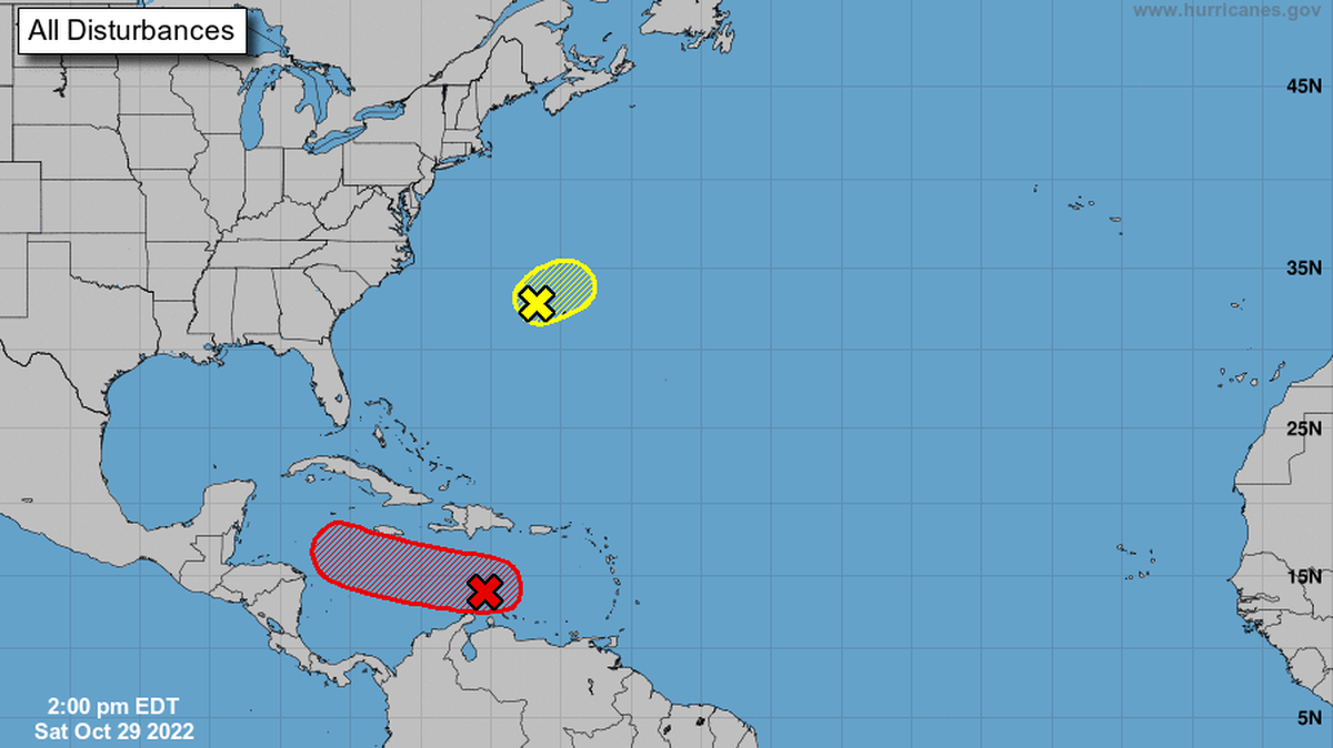 The National Hurricane Center’s 2 p.m. Saturday, Oct. 29, 2022, forecast map for two Atlantic disturbances.