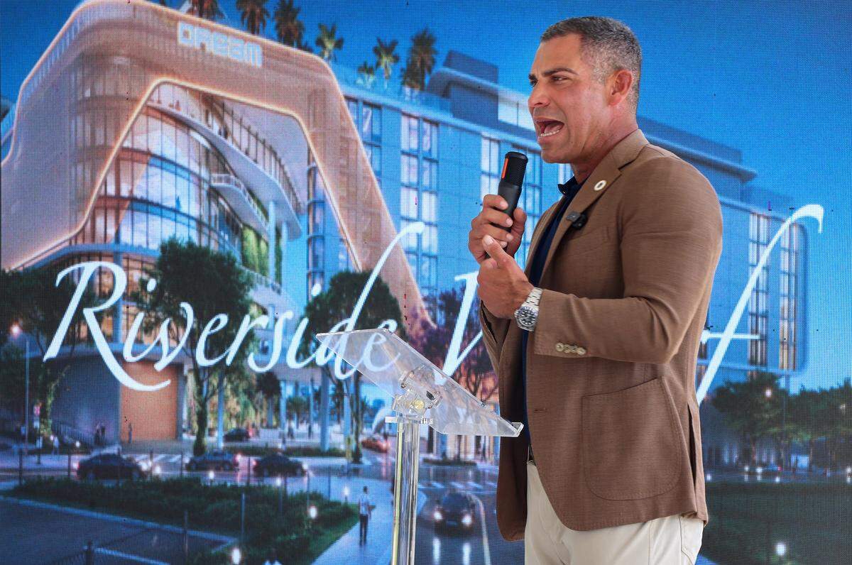 Mayor Francis Suarez speaks passionately about his and the City of Miami's continued support for the transformative project to revitalize the Miami River area further, ahead of the groundbreaking for the Riverside Wharf development. MV Real Estate Holdings (MVREH), Driftwood Capital, and Merrimac Ventures celebrated the official groundbreaking of Riverside Wharf, a transformative $350 million hospitality and entertainment destination rising along the Miami River. Guests gathered at the future site of the project for a milestone ceremony featuring remarks from city officials and representatives of the development team on Thursday, December 4, 2025, in Miami, Florida.