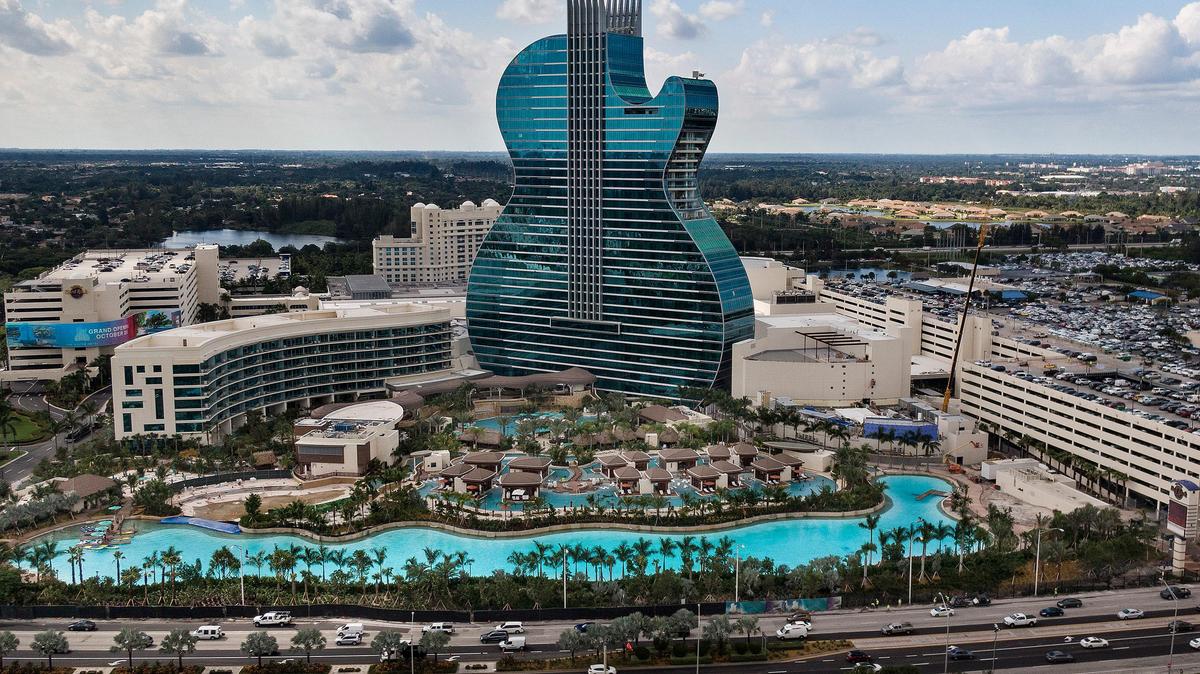 A guitar-shaped hotel tower anchors the remade and expanded Seminole Hard Rock Hotel & Casino in Hollywood.