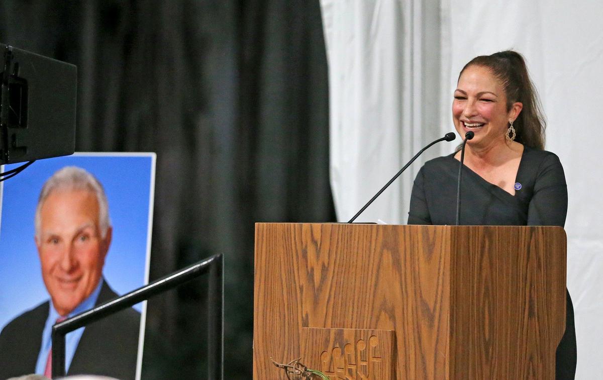 Singer Gloria Estefan speaks at the memorial service for Miami Dolphins legend Nick Buoniconti at the Lois Pope LIFE Center of The Miami Project in Miami, Florida, September 6, 2019.
