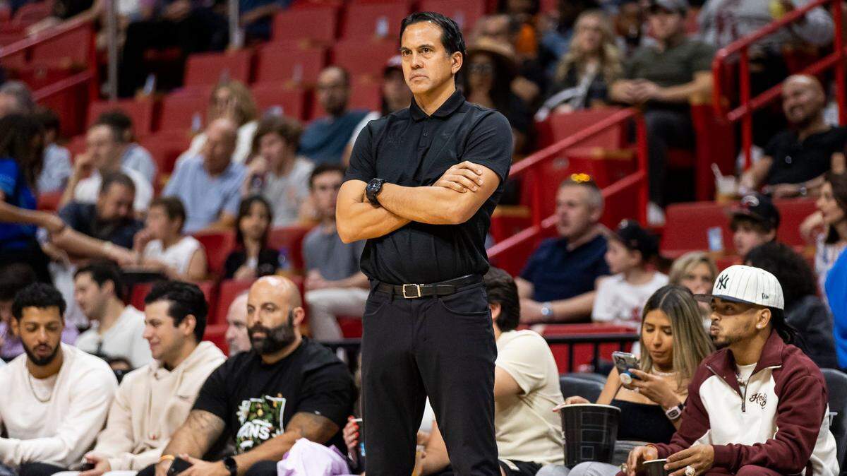 Miami Heat coach Erik Spoelstra watches his team play against the San Antonio Spurs during the first half of an NBA basketball game at FTX Arena on Saturday, Dec. 10, 2022, in Miami.