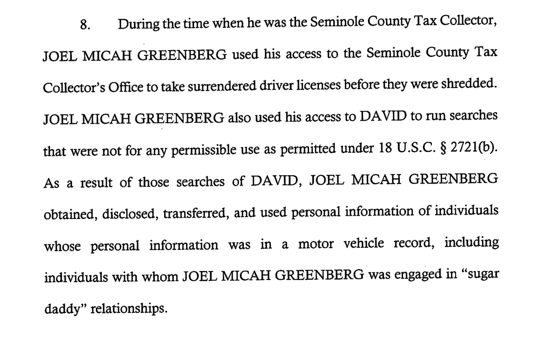 Screengrab from the second superseding indictment filed against former Seminole County Tax Collector Joel Greenberg.