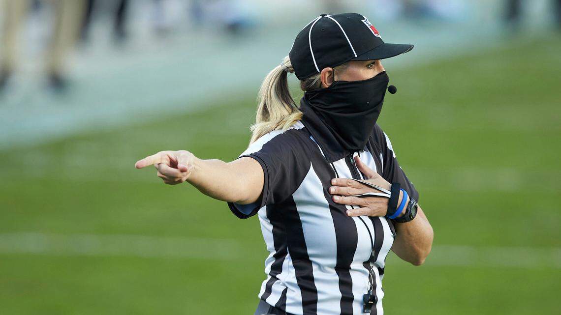 Down Judge Sarah Thomas during an NFL football game between the Denver Broncos and the Carolina Panthers, Sunday, Dec. 13, 2020, in Charlotte, N.C.