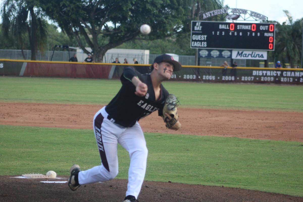 Douglas starting pitcher and UF commit Jake Clemente fires an offering to the plate during the Eagles’ 3-2 win over Taravella on Friday on their home field in a Region 4-7A baseball semifinal.