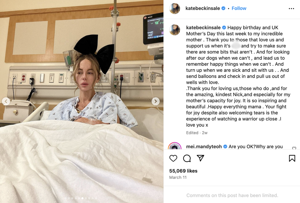 Fans grow concerned for actress Kate Beckinsale after she shares more pictures of herself in the hospital