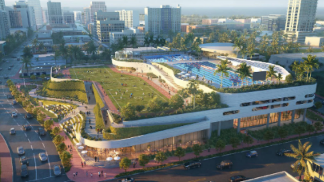 A rendering of a proposed community complex at 72nd Street and Collins Avenue in Miami Beach.