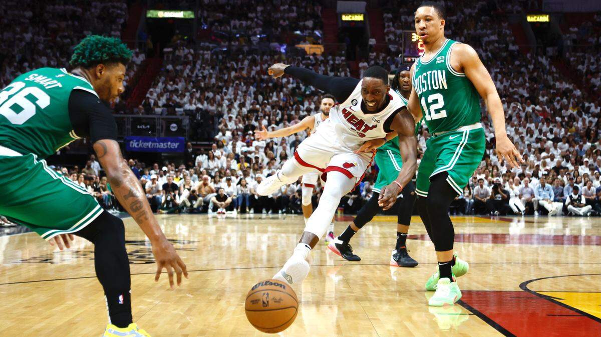 Miami Heat center Bam Adebayo (13) loses the ball during the fourth quarter in Game 4 of the NBA Eastern Conference Finals at the Kaseya Center in Miami on Tuesday, May 23, 2023.