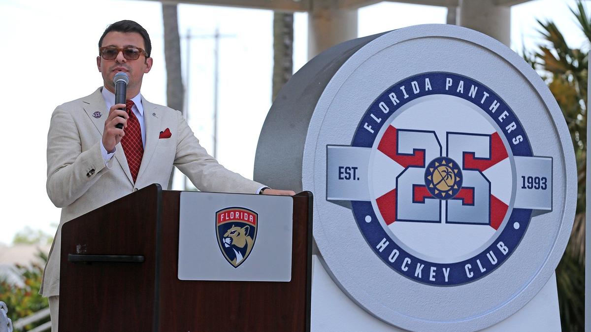 The Florida Panthers' John Viola unveils the 25th anniversary logo for the club that will be on team uniforms. The unveiling was at a ceremony in Fort Lauderdale, Florida, June 15, 2018.