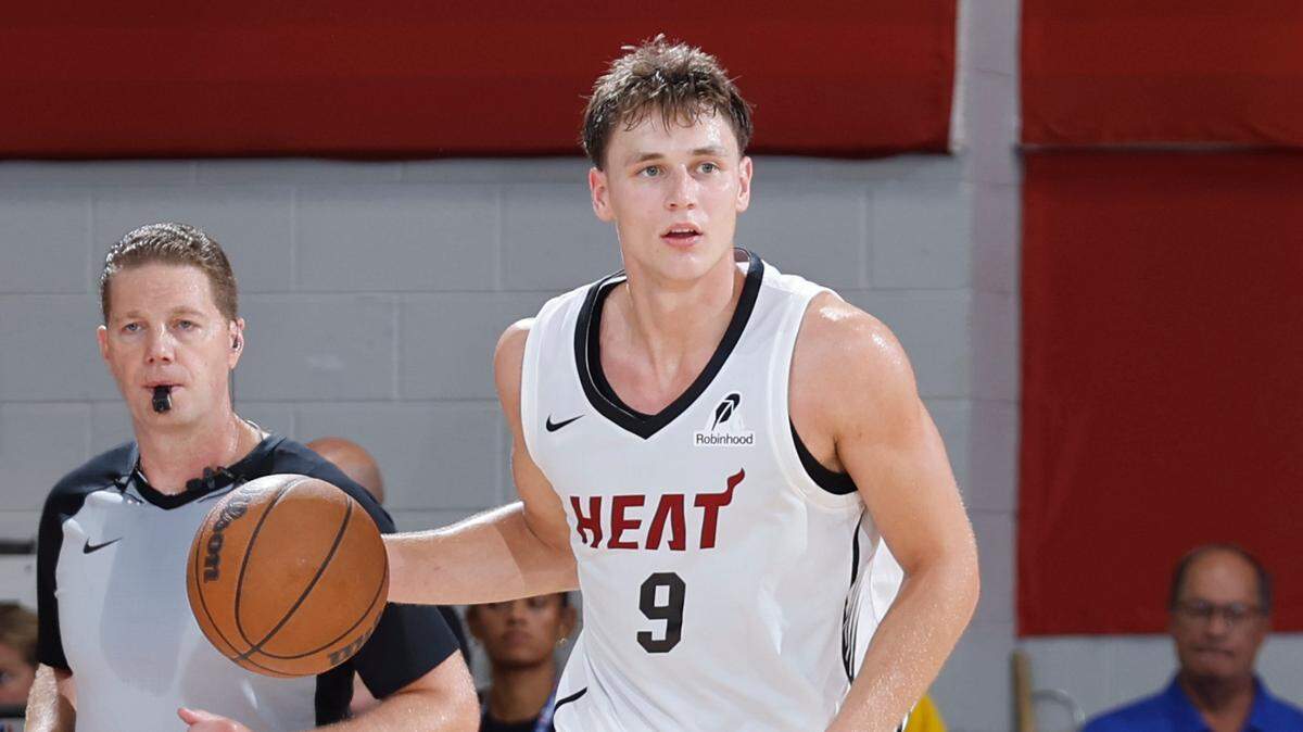 Pelle Larsson #9 of the Miami Heat dribbles the ball during the game against the Boston Celtics during the 2025 NBA Summer League game on July 14, 2025 at the Pavilion in Las Vegas, Nevada.