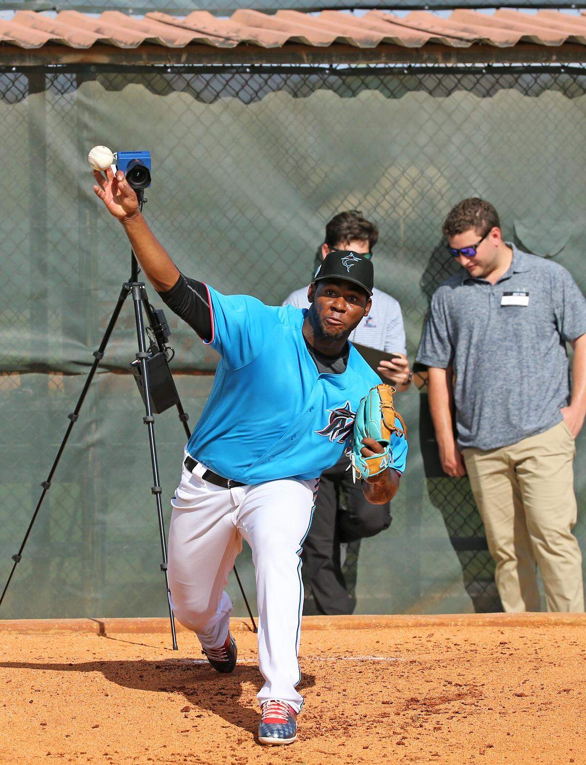 Miami Marlins pitcher Jorge Guzman (75) pitches during the first full-squad spring training workout on Monday, February 18, 2019 in Jupiter, FL.