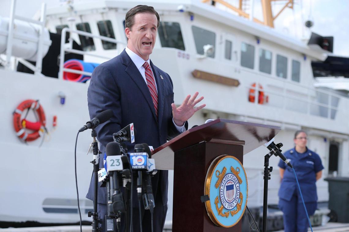 HSI Special Agent in charge Anthony Salisbury speaks to the media at U.S. Coast Guard Sector Miami on the investigation of the death of migrants at sea on Thursday, Jan. 27, 2022.