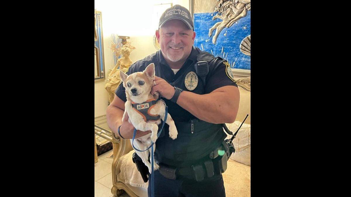 Officer Bob Stebbins, of the Lighthouse Point Police Department, with the dog he rescued from drowning