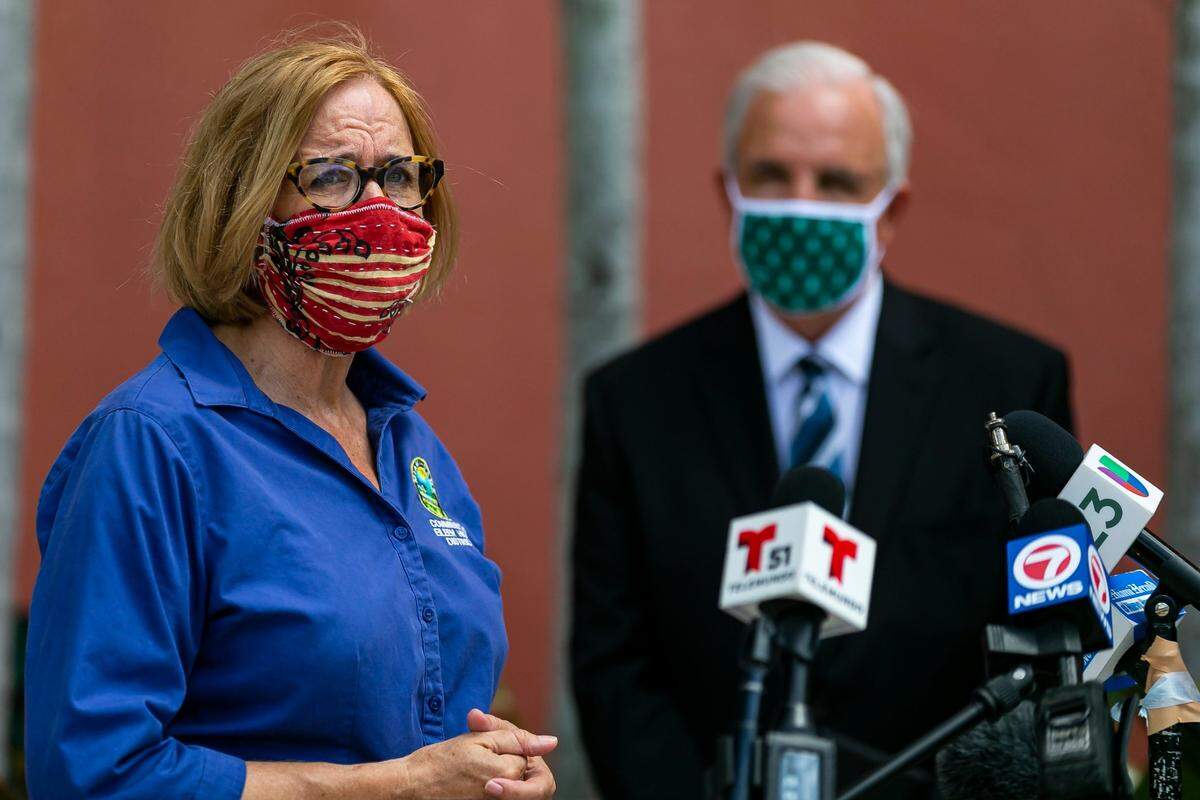 County Commissioner Eileen Higgins speaks during a news conference at the Miami-Dade County Auditorium in West Flagler Street in Little Havana, Florida on Saturday, June 27, 2020. Higgins deployed a “rapid response team” to hand out face masks and COVID-19 informational packets to Little Havana residents who live in coronavirus hotspots.