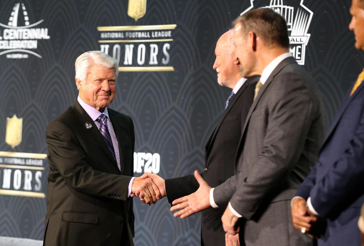 Former Cowboys and Dolphins coach Jimmy Johnson with fellow inductees in the NFL Hall of Fame at the National Football League HONORS at the Ziff Ballet Opera House at the Adrienne Arsht Center in Miami, Florida, February 1, 2020.
