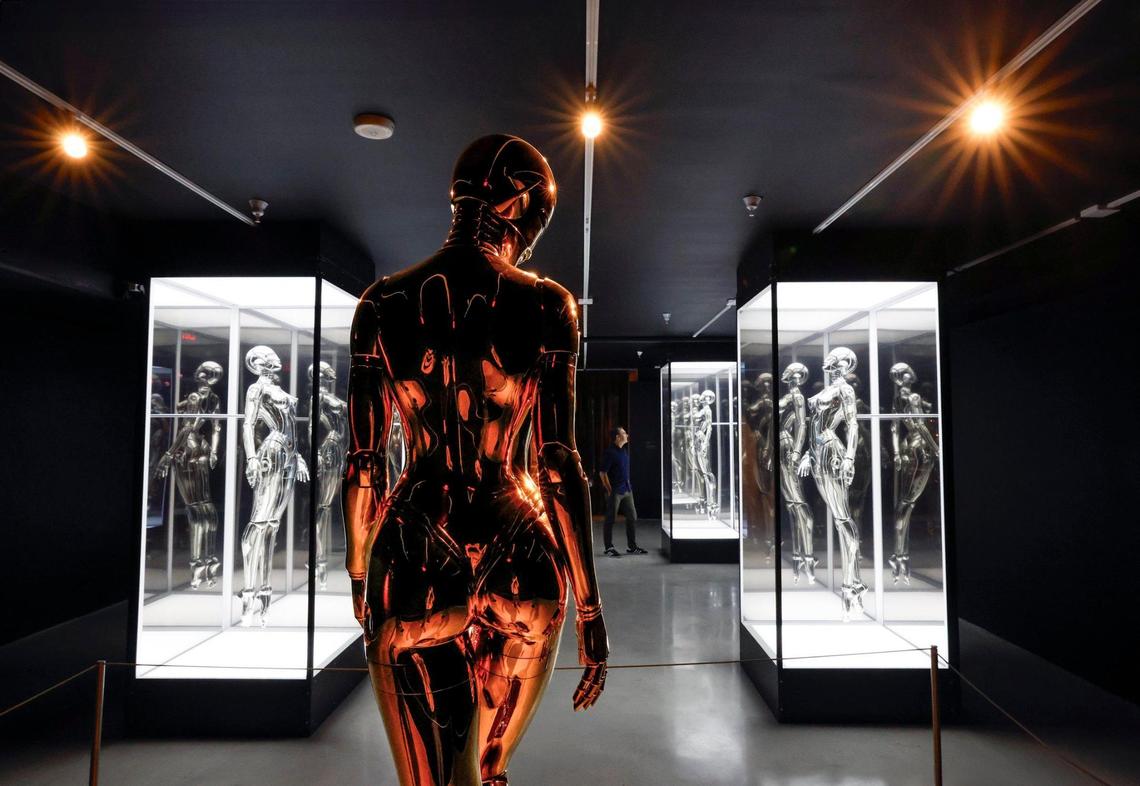 Sexy robot walking and floating by Japanese artist Hajime Sorayama on display at the Museum of Sex Miami in Miami, Florida on Friday, November 1, 2024.