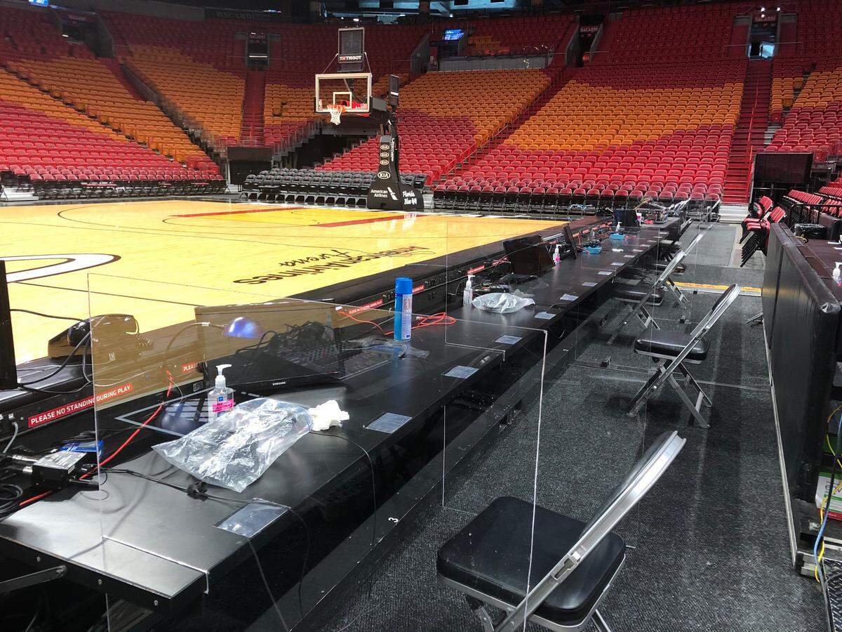 The plexiglass installed between Miami Heat broadcasters and engineers for the broadcast of games amid the COVID-19 pandmeic.
