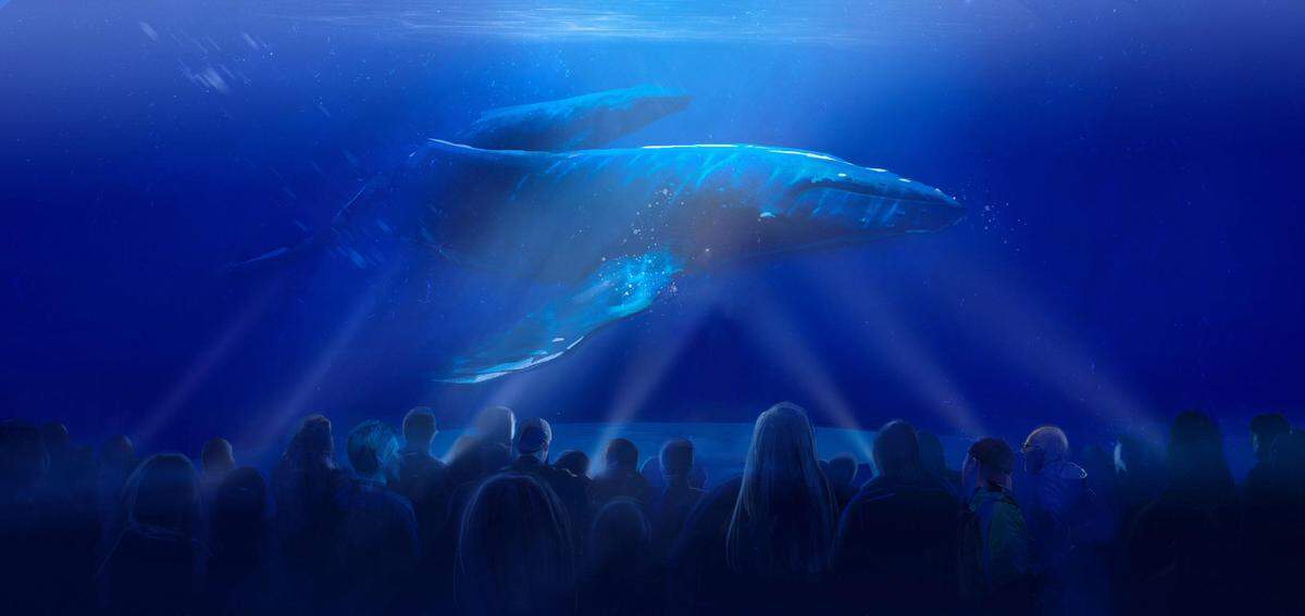 A rendering for Hidden Worlds Miami shows an audience interacting with a whale. The installation uses projection mapping technology to bring the ocean to life.