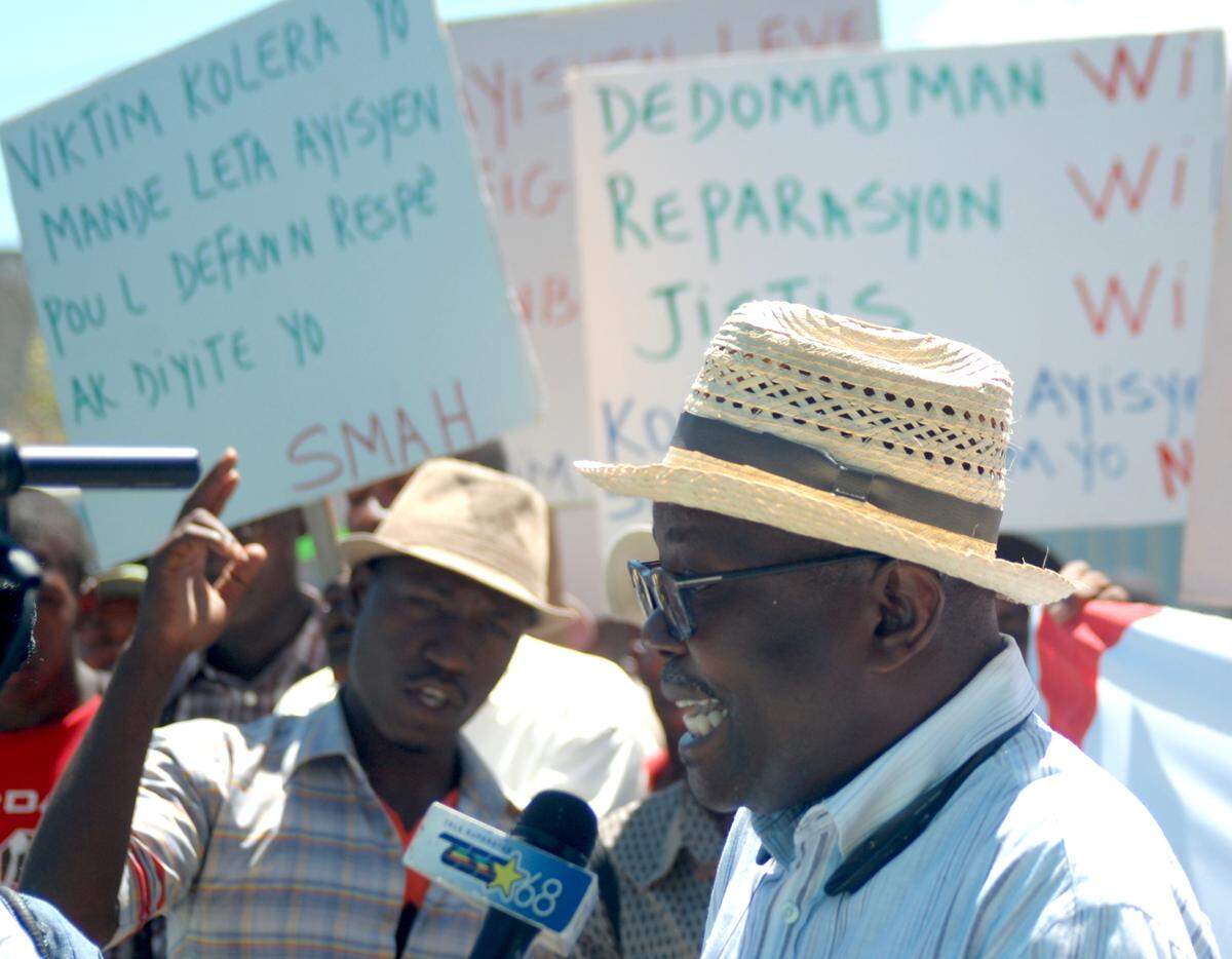 Haiti-based human rights lawyer Mario Joseph attending one of many protests through his decades long career that included taking on numerous high-profile cases.