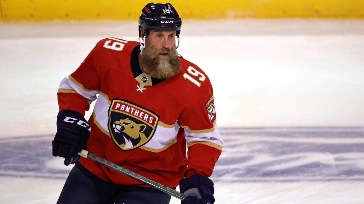 Florida Panthers center Joe Thornton (19) skates during warmups before the start of the Florida Panthers NHL home opener game against the Pittsburgh Penguins at the FLA Live Arena on Thursday, October 14, 2021 in Sunrise, Fl.