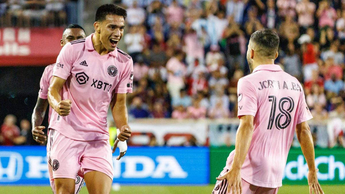 Inter Miami midfielder Diego Gomez (8) celebrates with teammates Jordi Alba (18) and Dixon Arroyo (3) after scoring a goal against New York Red Bulls during the first half of their MLS match at Red Bull Arena on Saturday, Aug. 26, 2023, in Harrison, N.J.