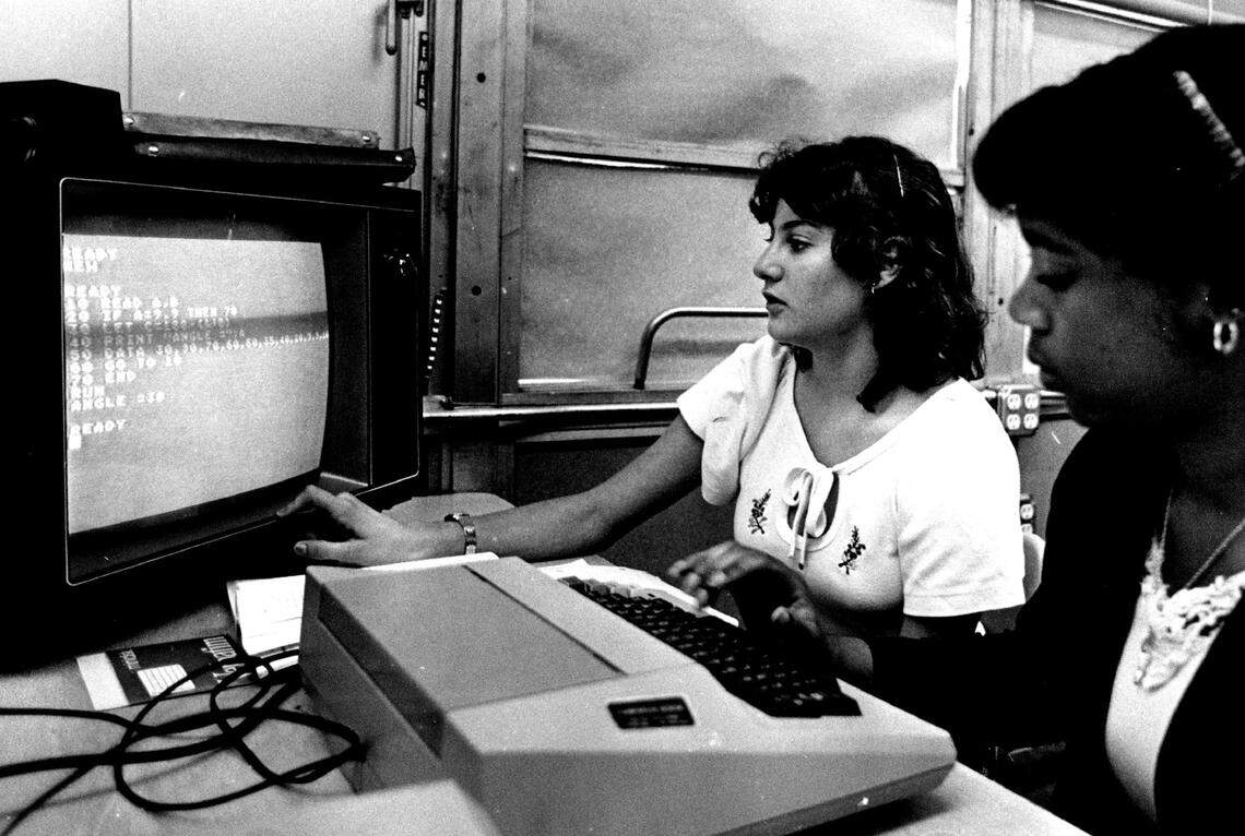 In 1982, Linda Samuels and Sherie Taylor in computer class at Palmetto high school.