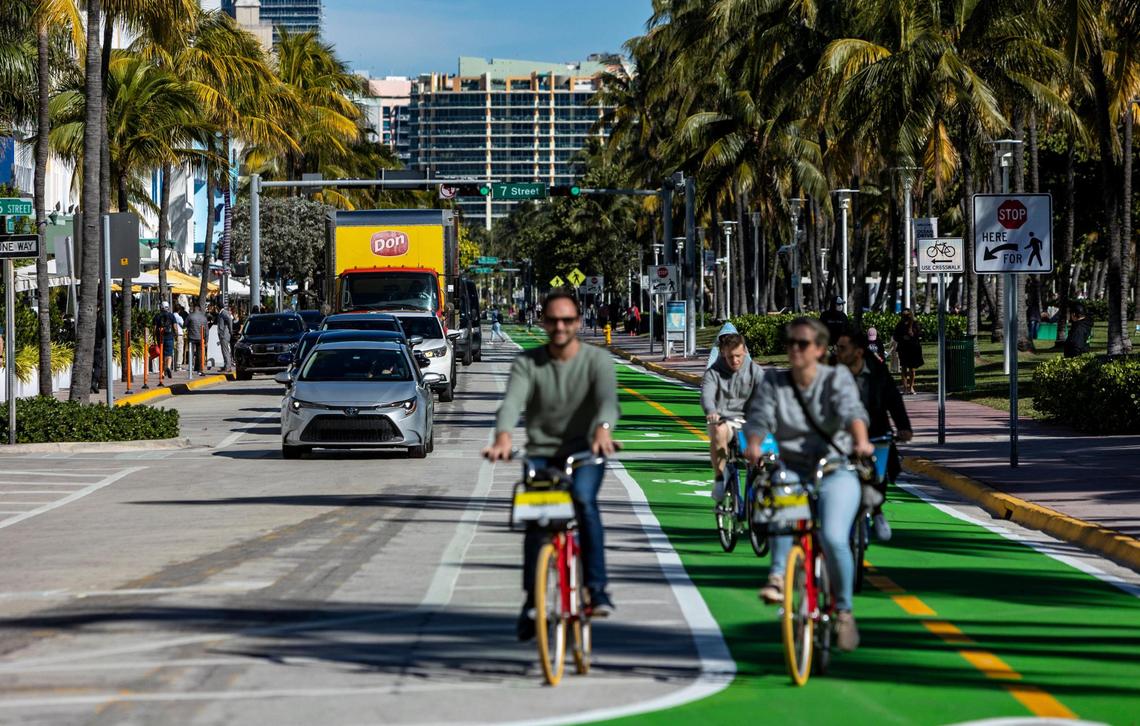 One lane of southbound traffic returned to South Ocean Drive on Jan. 24, 2022, along with a two-way bicycle lane, nearly two years after the city of Miami Beach closed the street to cars in the early months of the COVID-19 pandemic.