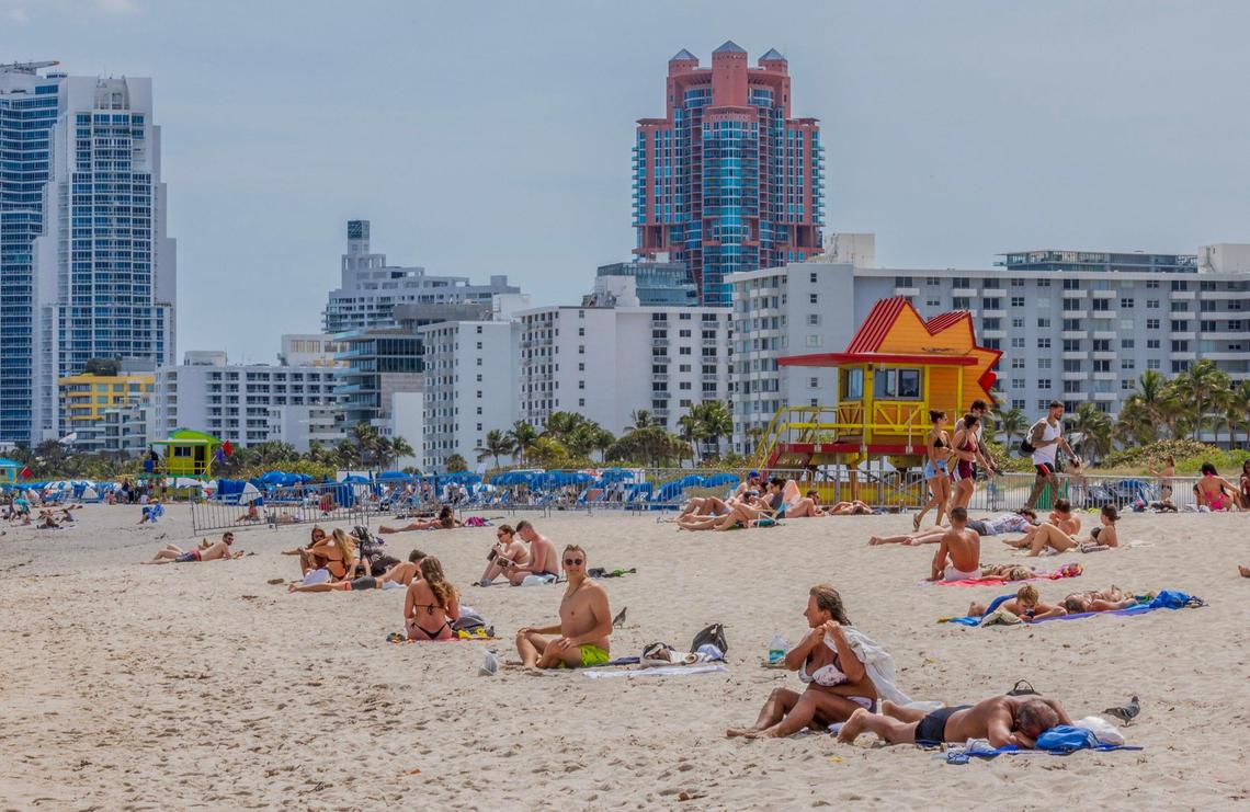 Beachgoers enjoy an almost empty area in South Beach, during spring break, in Miami Beach, Florida, on Saturday March 22, 2025.