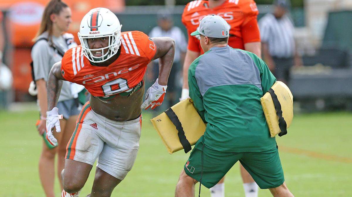 Miami Hurricanes tight end Brevin Jordan (9) at their training facility at the University of Miami in Coral Gables, Florida, August 29, 2018. 