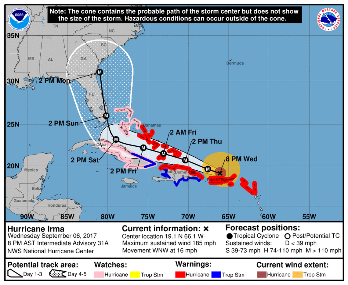 The National Hurricane Center added the wind field of a hurricane to its cone of uncertainty maps in 2017. This map of Hurricane Irma shows the extent of tropical storm-force and hurricane-force winds as the Category 5 storm roared through the Caribbean.