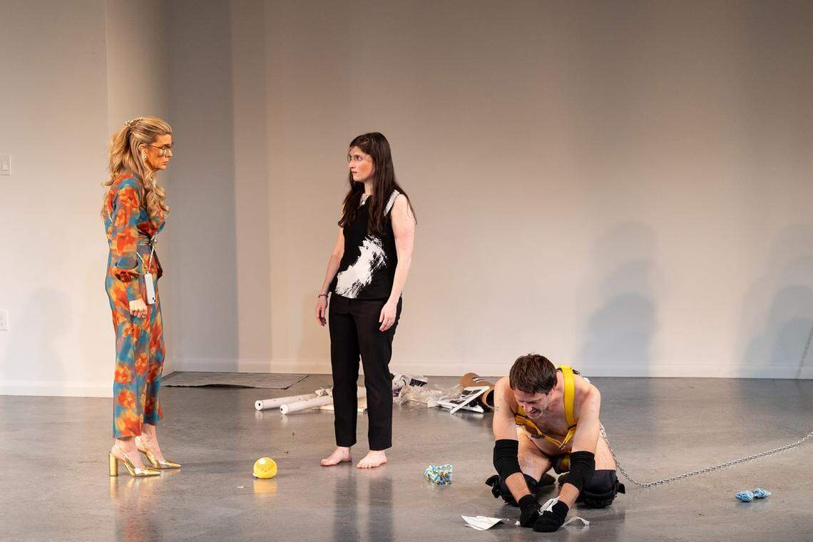 Mia Matthews as Jane, Liba Vaynberg as Gallerina and Caleb Scott as David/Buddy in Harley Elias’s new play “Bad Dog” at Miami New Drama.