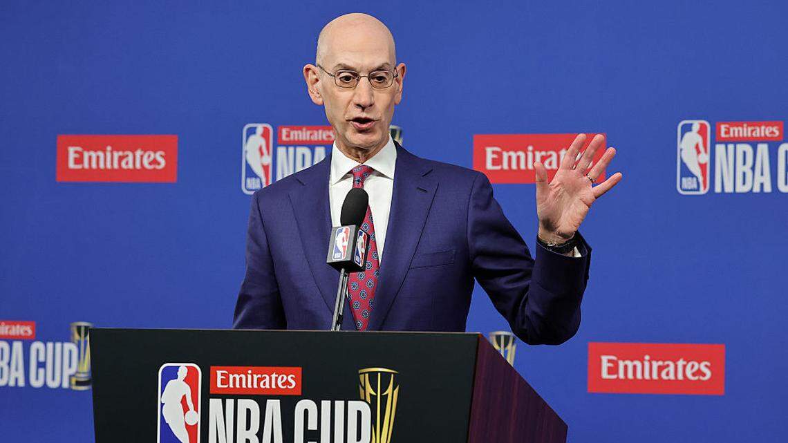 NBA Commissioner Adam Silver speaks to the media before the Emirates NBA Cup Championship game between the San Antonio Spurs and the New York Knicks at T-Mobile Arena on December 16, 2025 in Las Vegas.