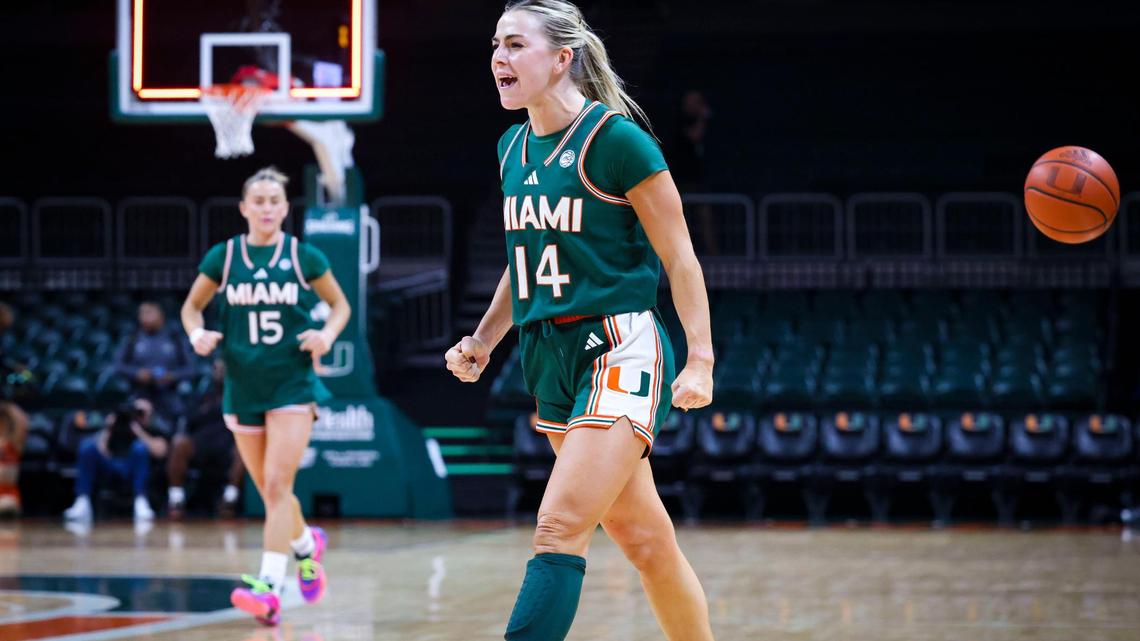 Miami Hurricanes guard Haley Cavinder (14), shown earlier this season vs. Quinnipiac, was named Tournament MVP of the Maui Classic on Dec. 20, 2024 after averaging 22.5 points, 12 rebounds, five assists in wins over Nevada and Oregon State.