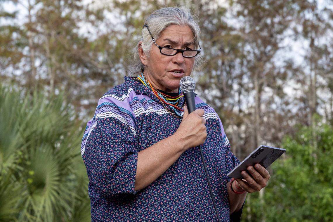 Miccosukee Tribe of Indians of Florida member and activist Betty Osceola speaks to attendees during a vigil outside Alligator Alcatraz on Sunday, October 19, 2025, in Ochopee, Fla.